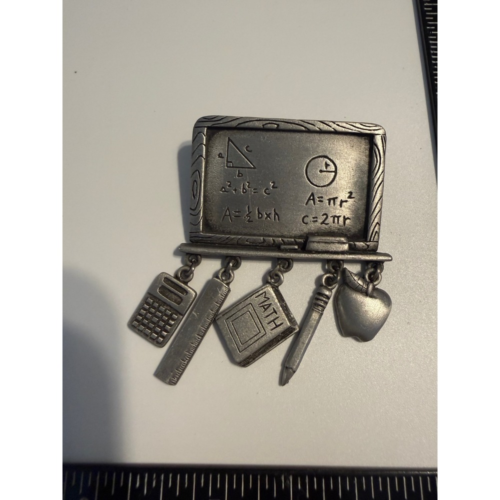 Vintage JJ Jonette Jewelry Math Teacher Chalkboard Brooch Pewter Charms Pin‎